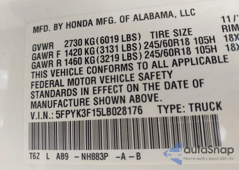 2020 Honda Ridgeline Awd Sport from USA, damaged, VIN 5FPYK3F15LB028176